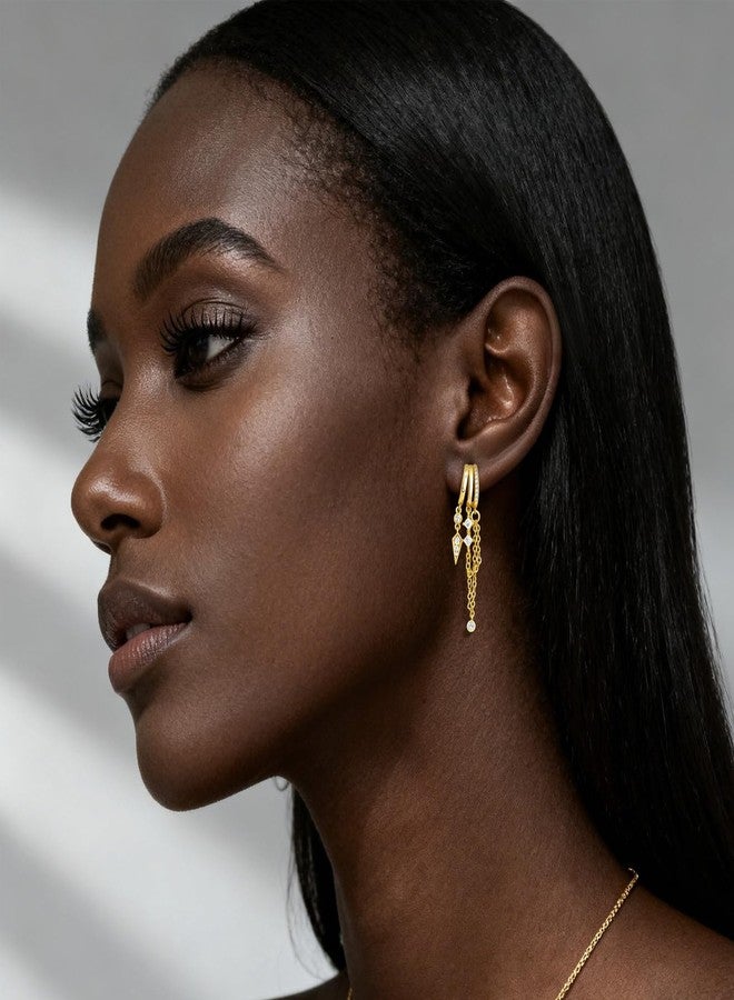 Nylry Gold Earrings for Women Dangle Chain Hoop Earrings that Look Like Multiple Piercings Unique Triple Hoop Earring for Women Trendy Illusion Stud Earring Hypoallergenic Dainty Gold Jewelry-Long - Image 2